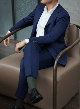 深蓝色修身英伦西服男士秋冬结婚礼服银行职业装西服套装