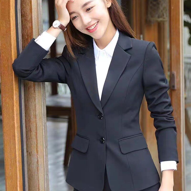 西装套装女春秋长袖女士黑西服外套修身正装大学生职业面试工作服