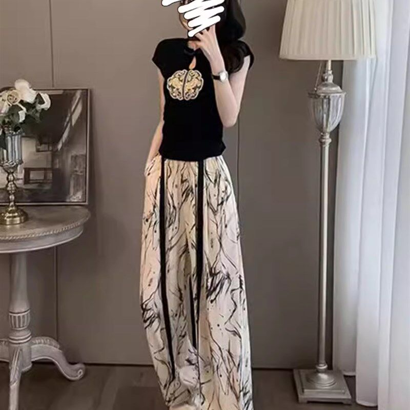 新中式水墨国风时尚套装女2024夏季新款洋气短袖上衣阔腿裤两件套