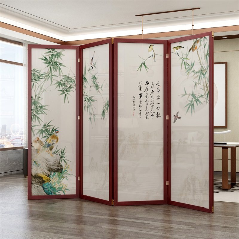 屏风实木隔断折叠移动遮挡入户玄关客厅双面新中式办公室国画竹子