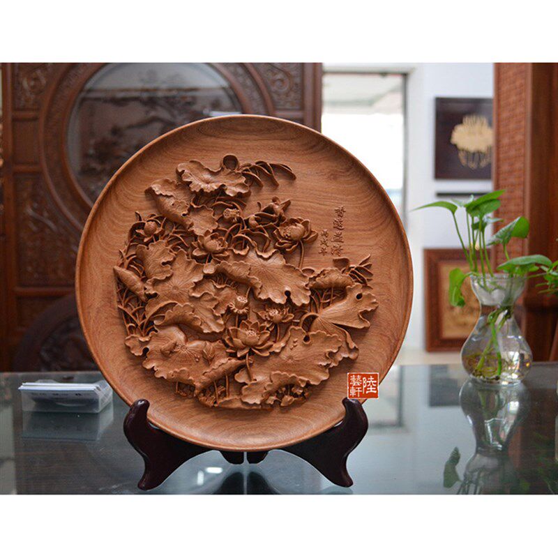 新中式东阳木雕花梨木文玩礼品办公家居桌面摆件荷花圆盘可定做