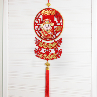 饰品挂饰客厅背景墙布置春节电动摇头财神爷挂件 兔年过新年木质装