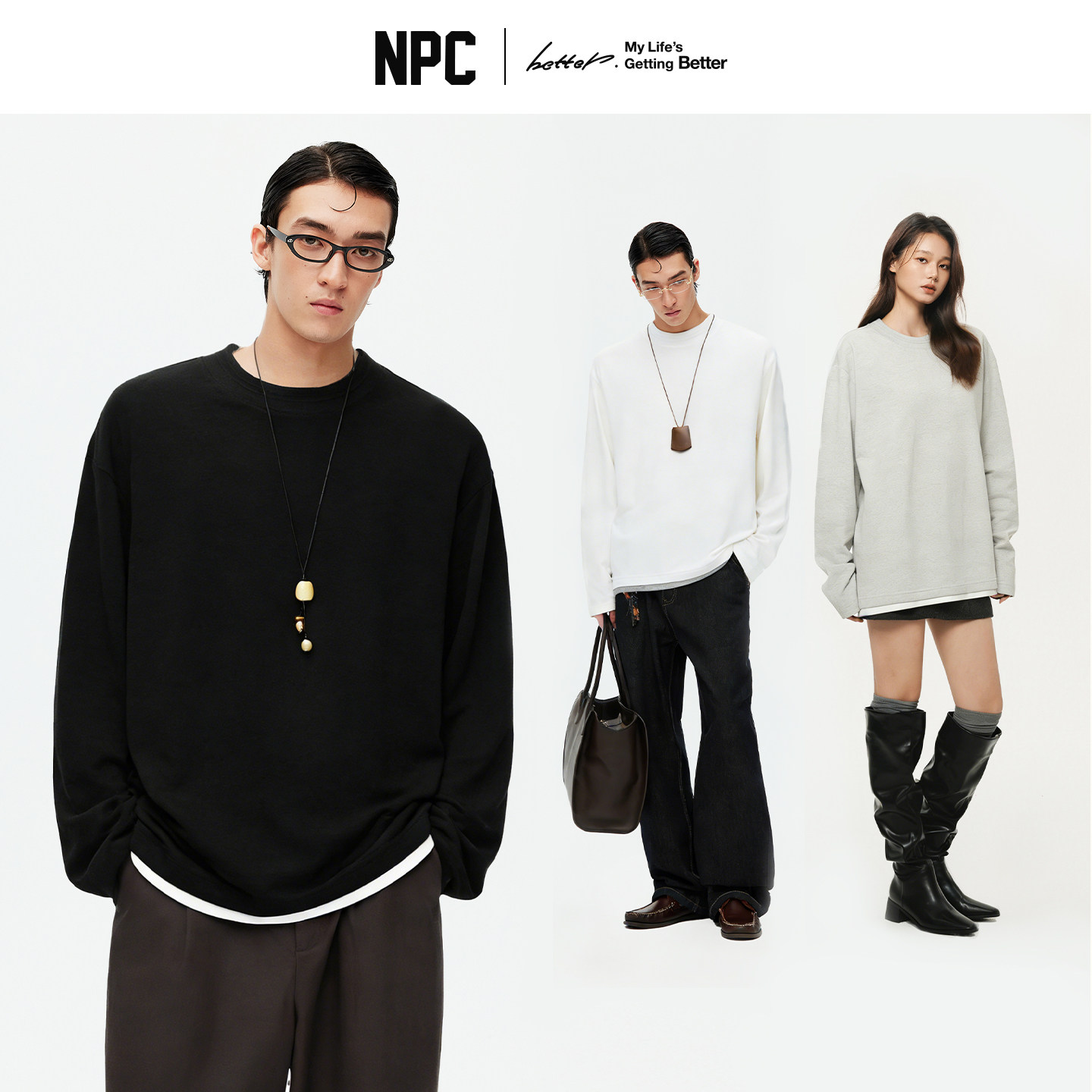 NPC潮牌棉混纺假二件长袖提花罗纹仿宝石袖扣秋官方正品假一赔十