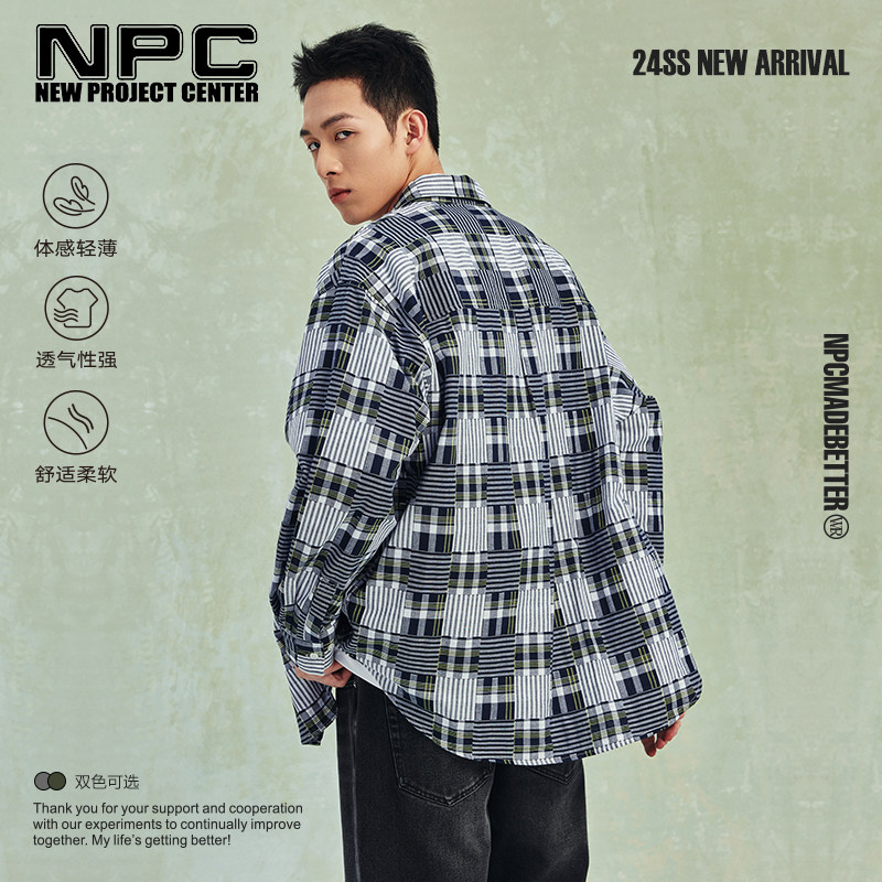 NPC潮牌复古拼色格纹衬衫全棉休闲长袖衬衣春季官方正品假一赔十图片