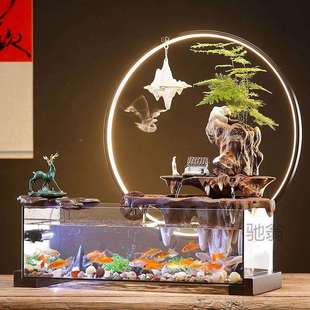 麓f创意免水生玻璃态鱼缸造景山假流水摆件循环水客272换厅办公室
