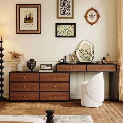 复简古EDD实木梳台柜一体中古风斗卧室约现代2026新款黑胡妆桃化