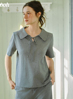 Chyooh池攸夏匹马棉睡衣格雷系浅香灰翻领可外穿短袖家居服套装