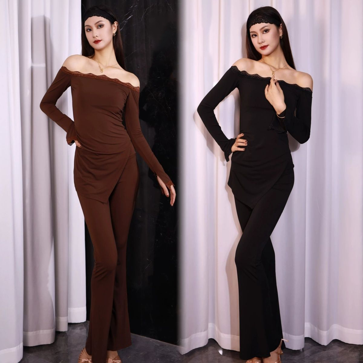 秋冬季新款一字肩长袖拉丁舞服成人女带胸垫上衣修身显瘦练功服装