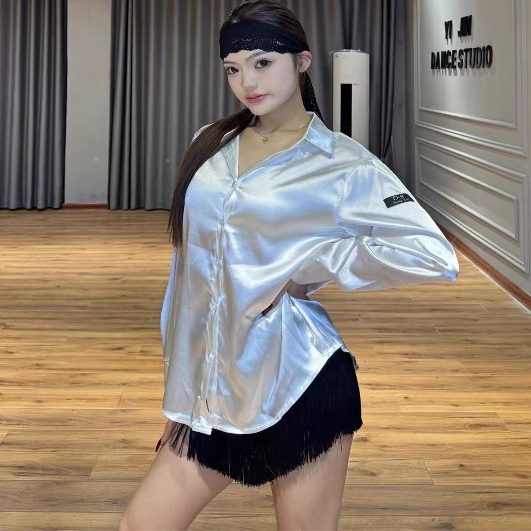 新款拉丁舞练功服女长袖衬衫上衣