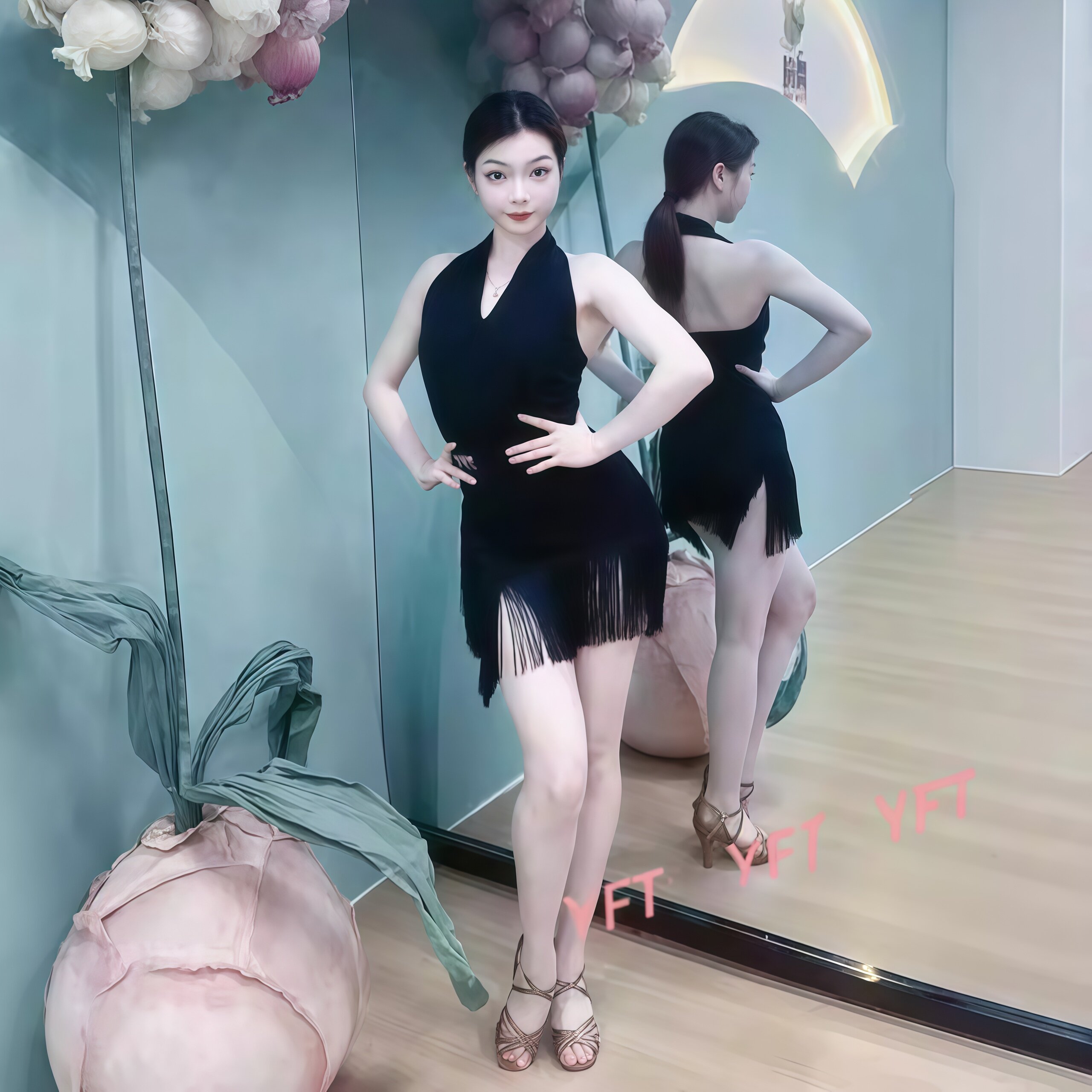 夏季新款拉丁舞服成人女表演演出服V领挂脖无袖上衣流苏短裙套装