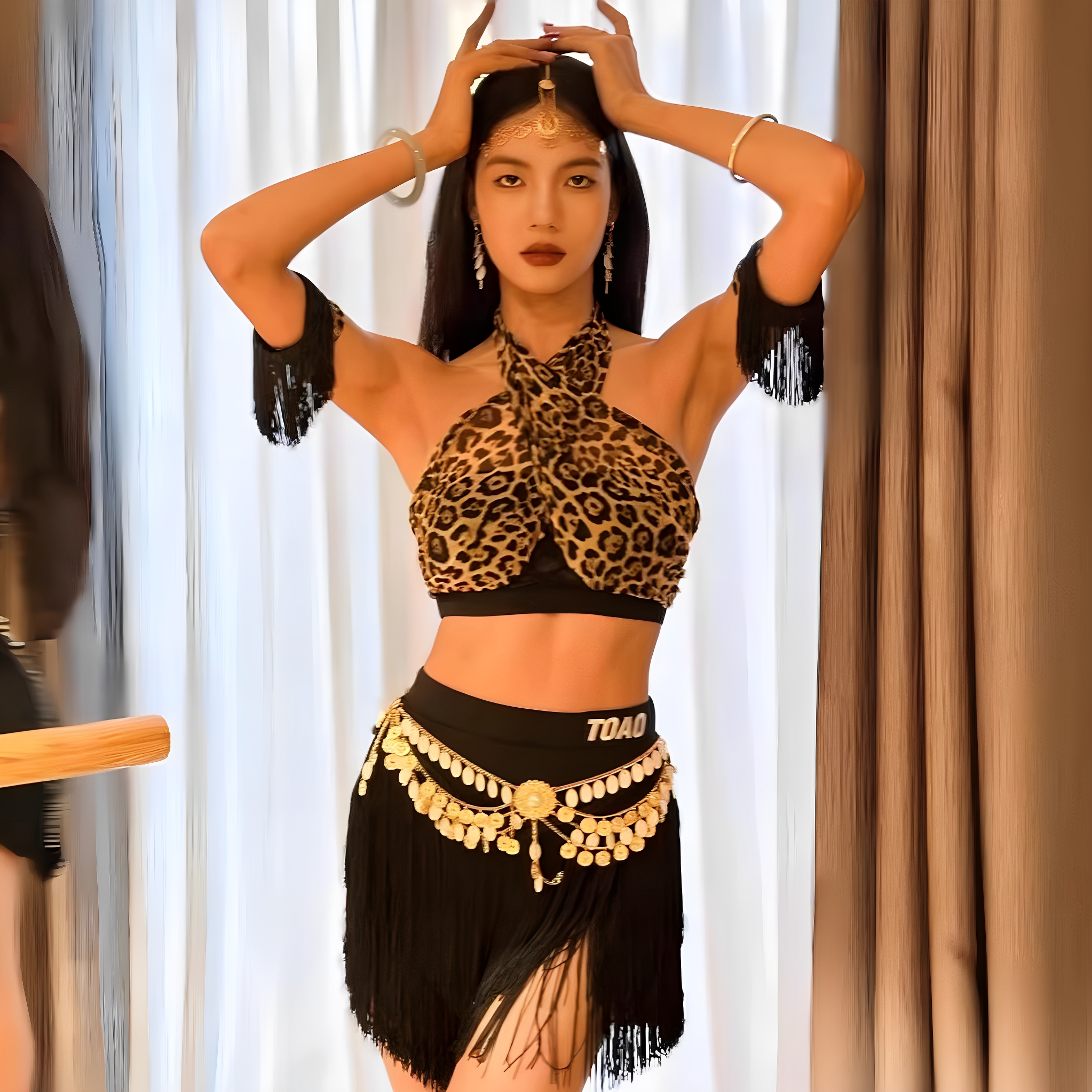 夏季新款女士拉丁舞服练功服豹纹黑色挂脖上衣流苏半身裙比赛服