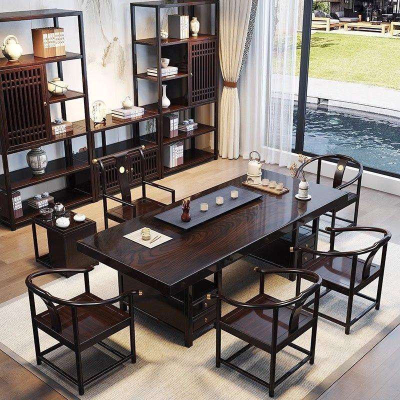 复古式黑檀木实木大茶茶桌茶台椅板组现LXC代简约办公合家用一体