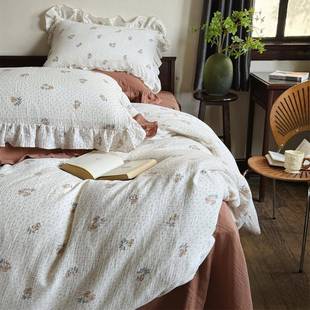 式全棉双层纱布玫397件四套浪漫瑰印花荷叶边被套法柔软透气床上