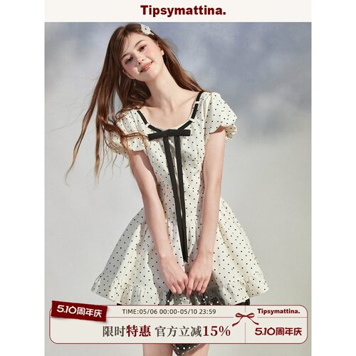 Tipsymattina微醺清晨夏甜美风小个子时尚中长款方领波点连衣裙