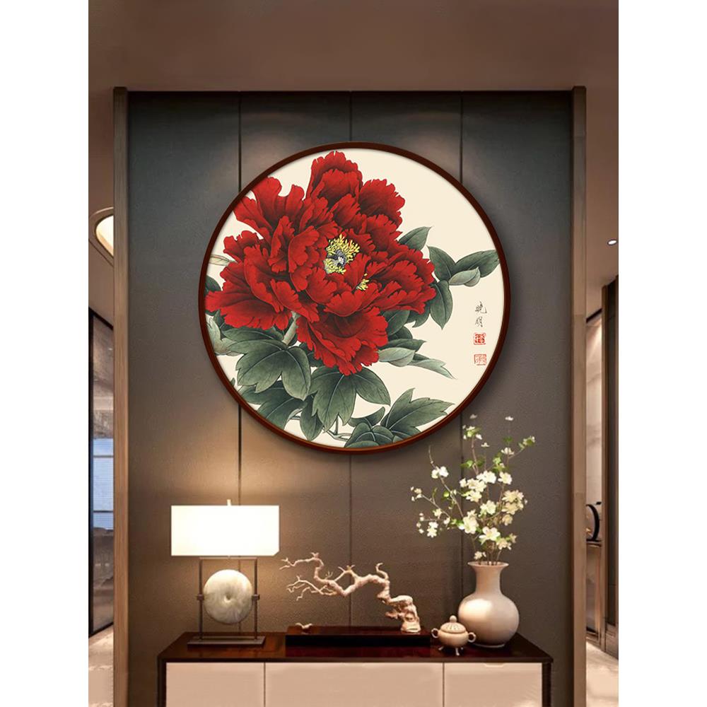 牡丹花挂画客厅装饰画玄关卧室床头背景圆形新中式壁画花开富贵图图片