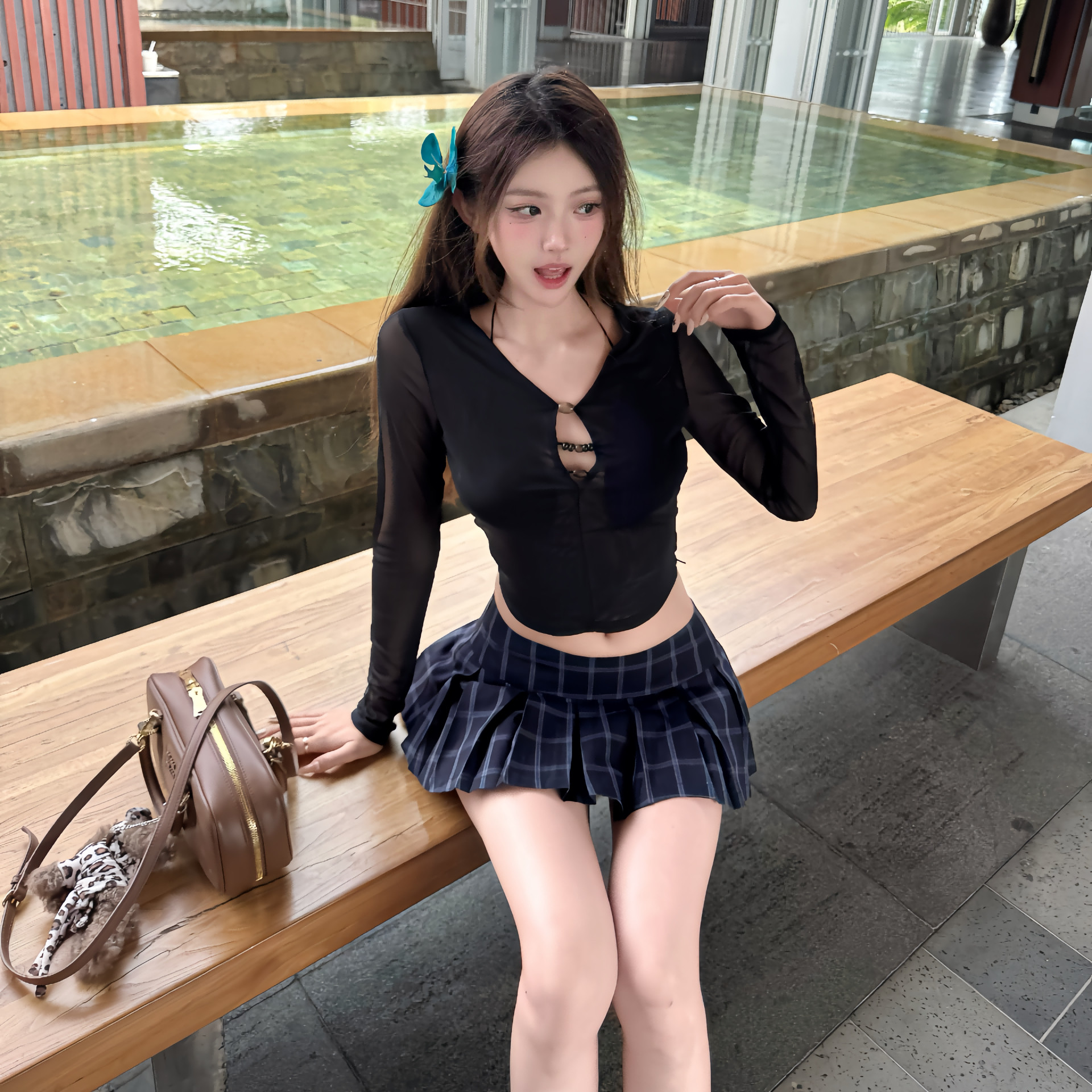 SiCii 蕾丝镂空网纱上衣辣妹小众设计感女装套装显瘦透视短袖夏