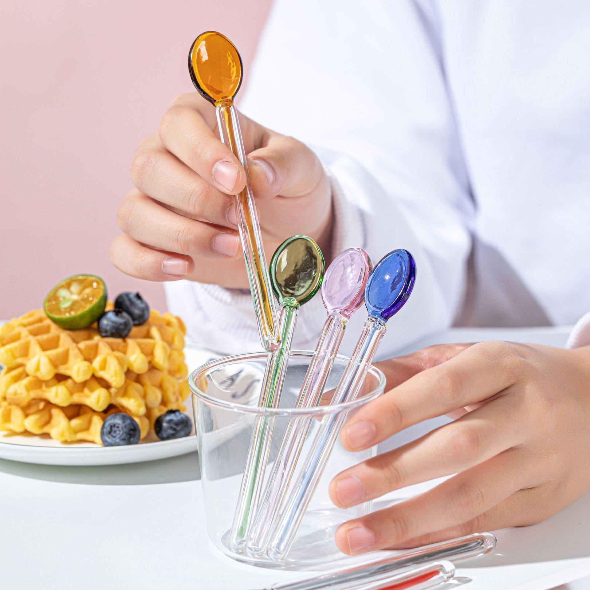 韩式耐高温糖果玻璃勺子彩色咖啡勺勺甜品可爱ins勺牛奶搅拌