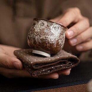 老岩泥繁花鎏银小号主人w杯家用复古陶瓷茶杯品茗杯子功夫茶具