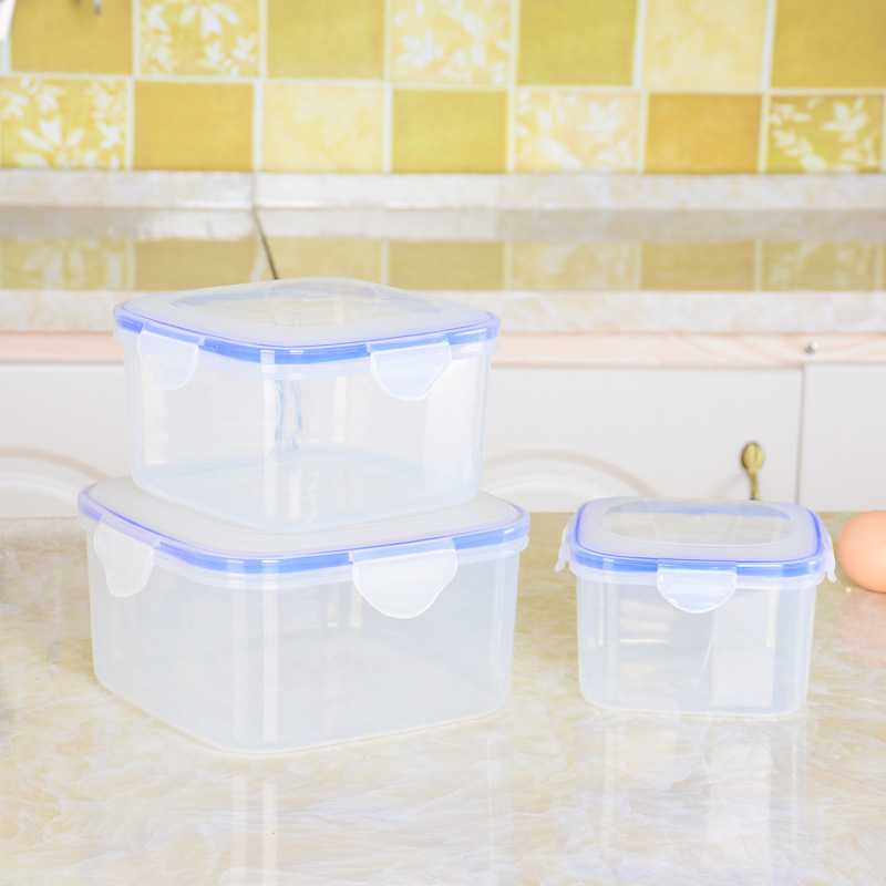 新款直销密封带扣保鲜盒 塑料冰箱储物盒 方形大食物盒全新料PP透