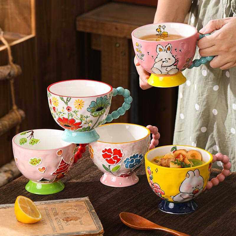 新款直销手绘浮雕陶瓷马克杯可爱家用大容量水杯燕麦牛奶早餐杯伴,餐饮具,马克杯,淘宝优惠券,粉丝福利购,淘宝优惠卷