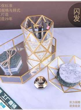 新款直销大六角圆柱化妆桌面笔刷桶玻璃透明收纳盒欧式防尘美妆整