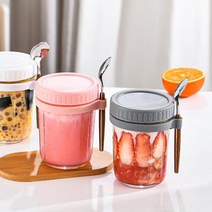 直销亚马逊10oz隔夜燕麦杯挂勺早餐杯酸奶杯梅森杯密封杯玻璃 新款