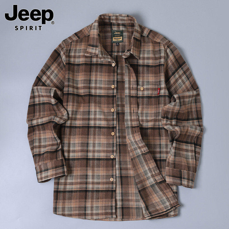 吉普高端2026春季新款长袖格子衬衫男士复古休闲格纹工装开衫外套