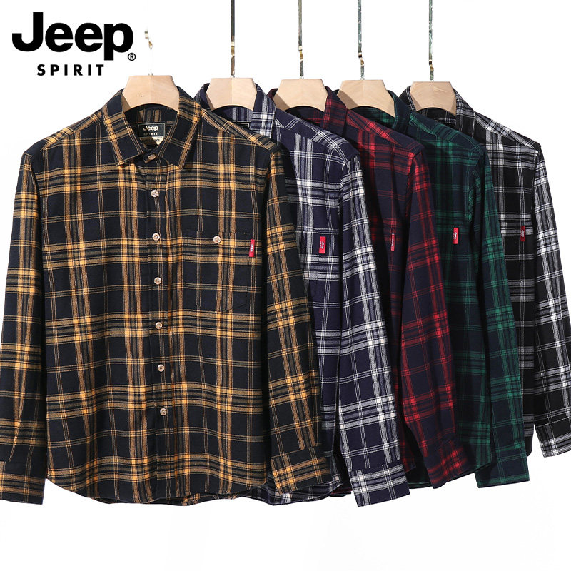 吉普2026春季新款格子长袖衬衫男款宽松潮流复古工装户外衬衣外套,男装,衬衫,淘宝优惠券,粉丝福利购,淘宝优惠卷