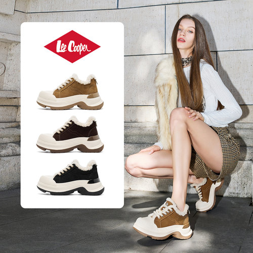 Lee Cooper毛毛休闲鞋2025冬季新款女鞋加绒棉鞋厚底增高老爹鞋女