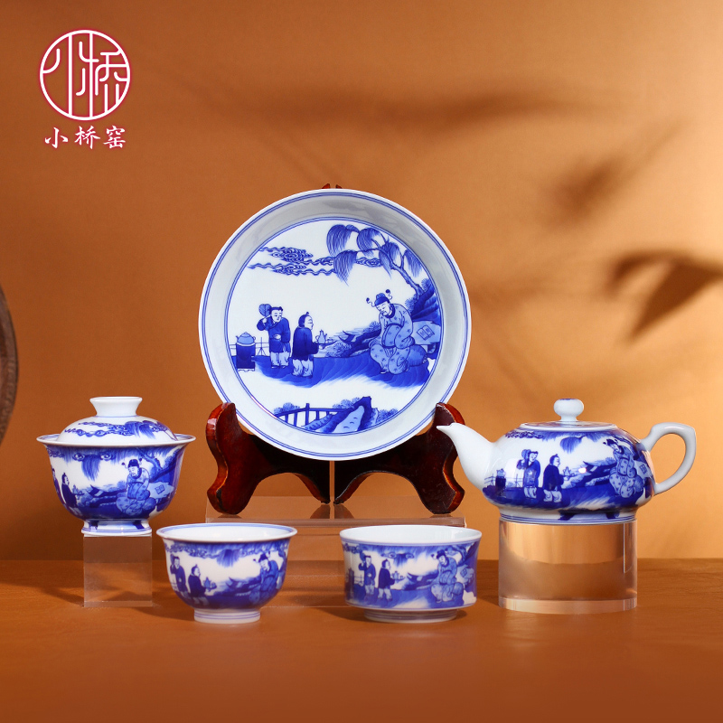 小桥窑青花李白斗酒茶杯盖碗茶壶