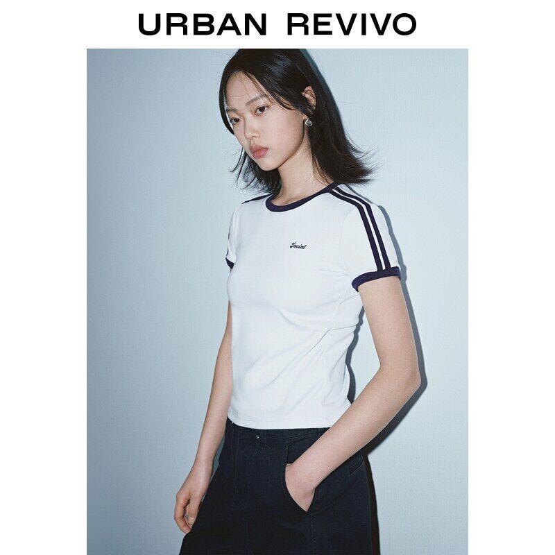 UR2026夏季新款女装休闲运动风撞色条纹刺绣修身T恤UYY460100