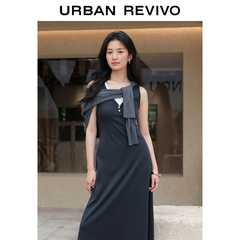 UR2026夏季新款女装气质撞色假两件V领修身连衣裙UWM760078