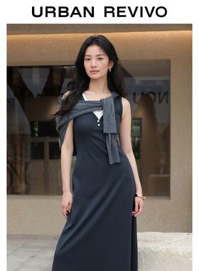 UR2026夏季新款女装气质撞色假两件V领修身连衣裙UWM760078