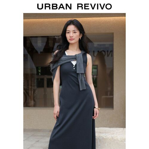 UR2026夏季新款女装气质撞色假两件V领修身连衣裙UWM760078