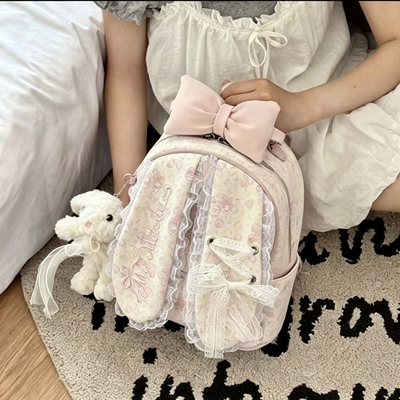 可爱蝴蝶结碎花双肩包包女2026新学生甜美通勤书包大容量旅游背包