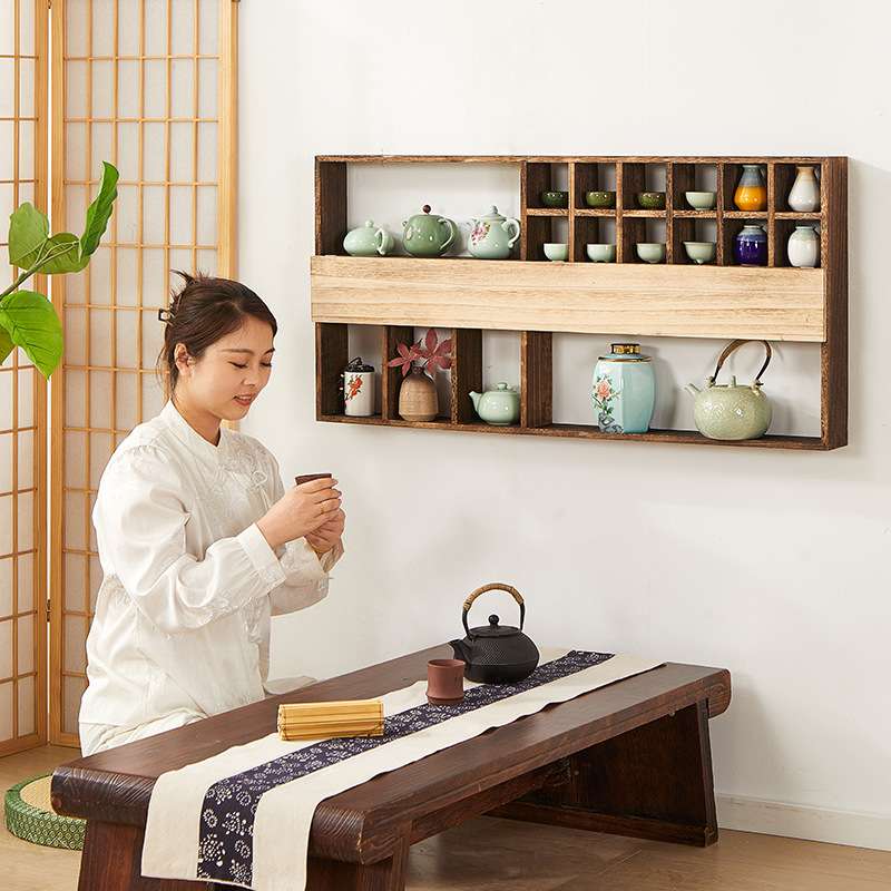 中式实木挂墙置物架墙上茶杯架壁挂式博古架多宝阁茶壶茶具收纳架
