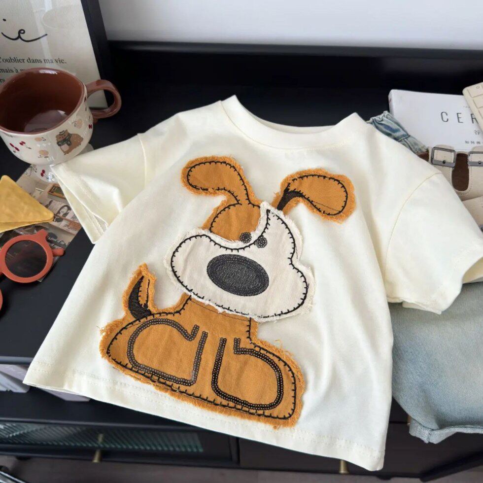 【欧弟狗】儿童纯棉短袖T恤夏季薄款男女童贴布卡通半袖上衣洋气