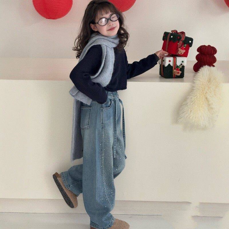 女童烫钻牛仔裤春2026新款儿童弯刀阔腿裤女孩大童闪闪裤春装裤子