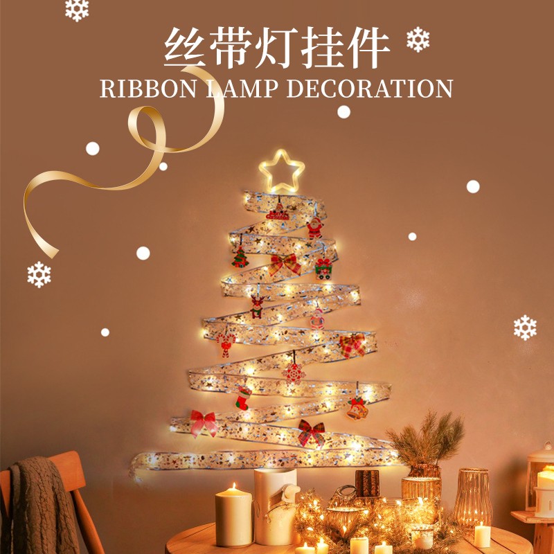 圣诞节装饰品LED彩灯铜线丝带电池灯串发光星星蝴蝶结圣诞树挂件