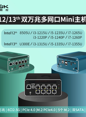畅网全新12代8505/U300 13代I5-1335U/I7-1355U 4电2万兆/8网2.5G DDR5 M.2 NVME 82599双万兆迷你主机