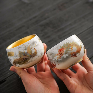 大师周鸿杰龙凤对杯掐金丝主人杯茶杯鎏金纯金高端24k金丝龙凤杯
