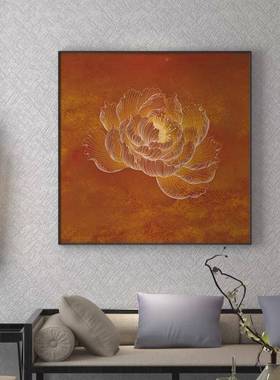 新中式黄色荷花禅玄关象装饰画抽线画条古典卧室客厅壁方形挂RDC