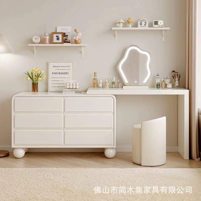 轻奢奶油风收纳柜现代简约可伸缩转角化妆实木梳妆台斗柜桌子一体