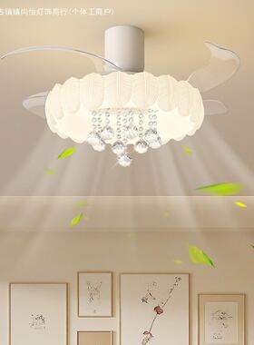 奶油风水晶卧室房灯隐风184196扇灯法式复古羽毛电扇一体灯形间顶