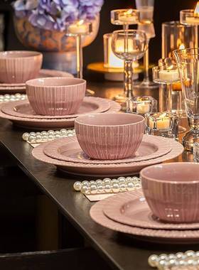 陶LVR瓷碗碟具套餐紫色装家用轻奢风陶瓷饭盘碗子碗盘组合全套餐