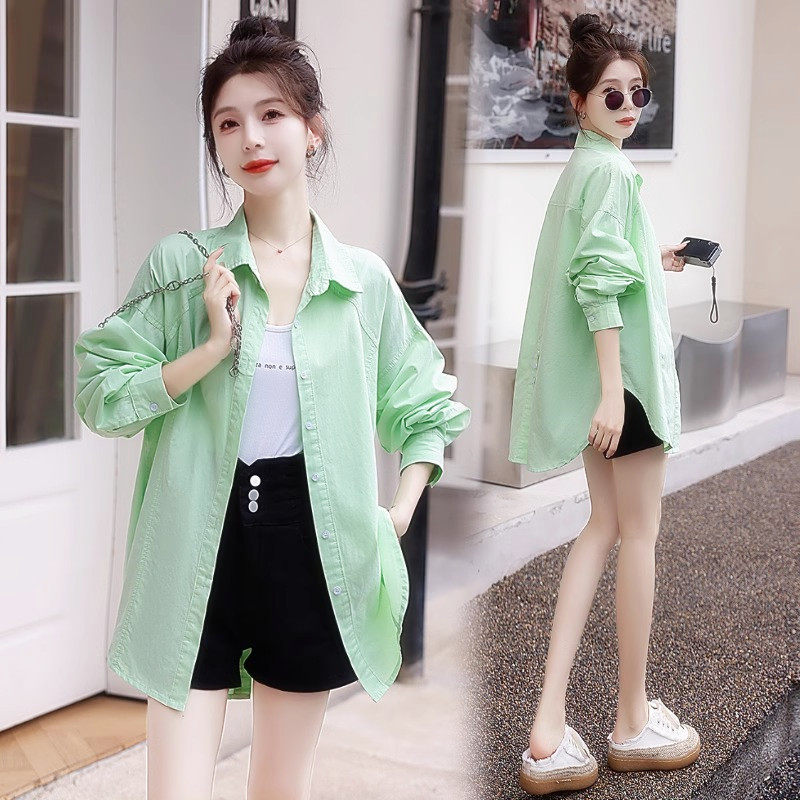 糖果色纯棉防晒衣衬衫女春夏2025新款中长款宽松百搭衬衣薄款外套
