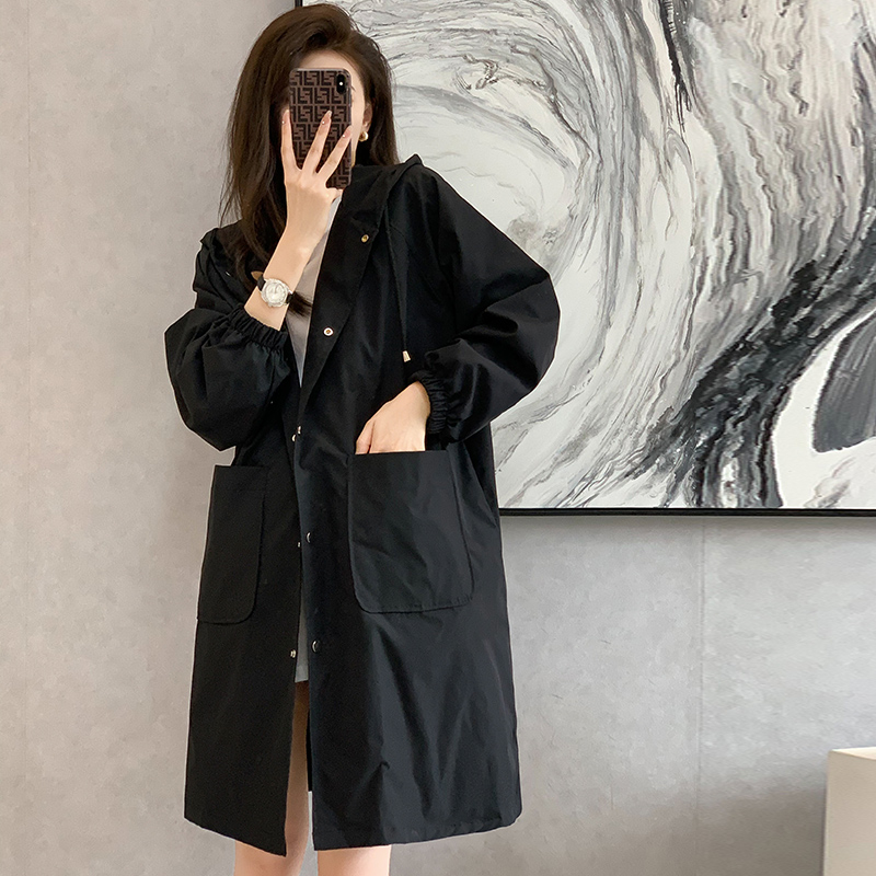 风衣女中长款2025春秋新款韩版宽松大码胖mm显瘦连帽休闲工装外套