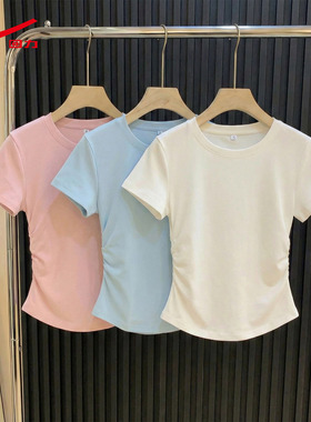 ZH回力修身正肩短袖t恤女夏 轻薄透气收腰休闲时尚短款女士衣服