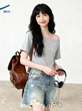 回力灰色斜肩短袖T恤女春夏新款美式辣妹潮流宽松慵懒风上衣女DD