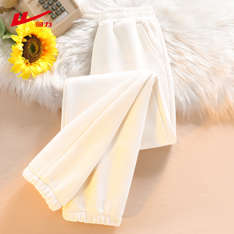 回力白色加绒裤子女灯芯绒运动裤